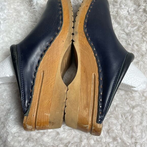 Vintage Troentorp Rembrandt  Leather Navy Blue &black Clogs wooden sole EUR SZ46 - Picture 3 of 8